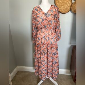 Lush | Pink, Blue, & Orange Floral Midi Dress | Size Small